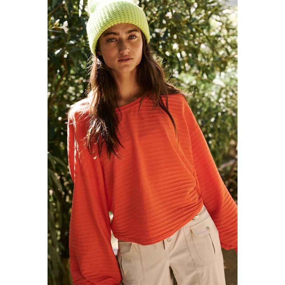 Free People Movement Open Back Sweatshirt Women XL Orange Pullover Oversized EUC